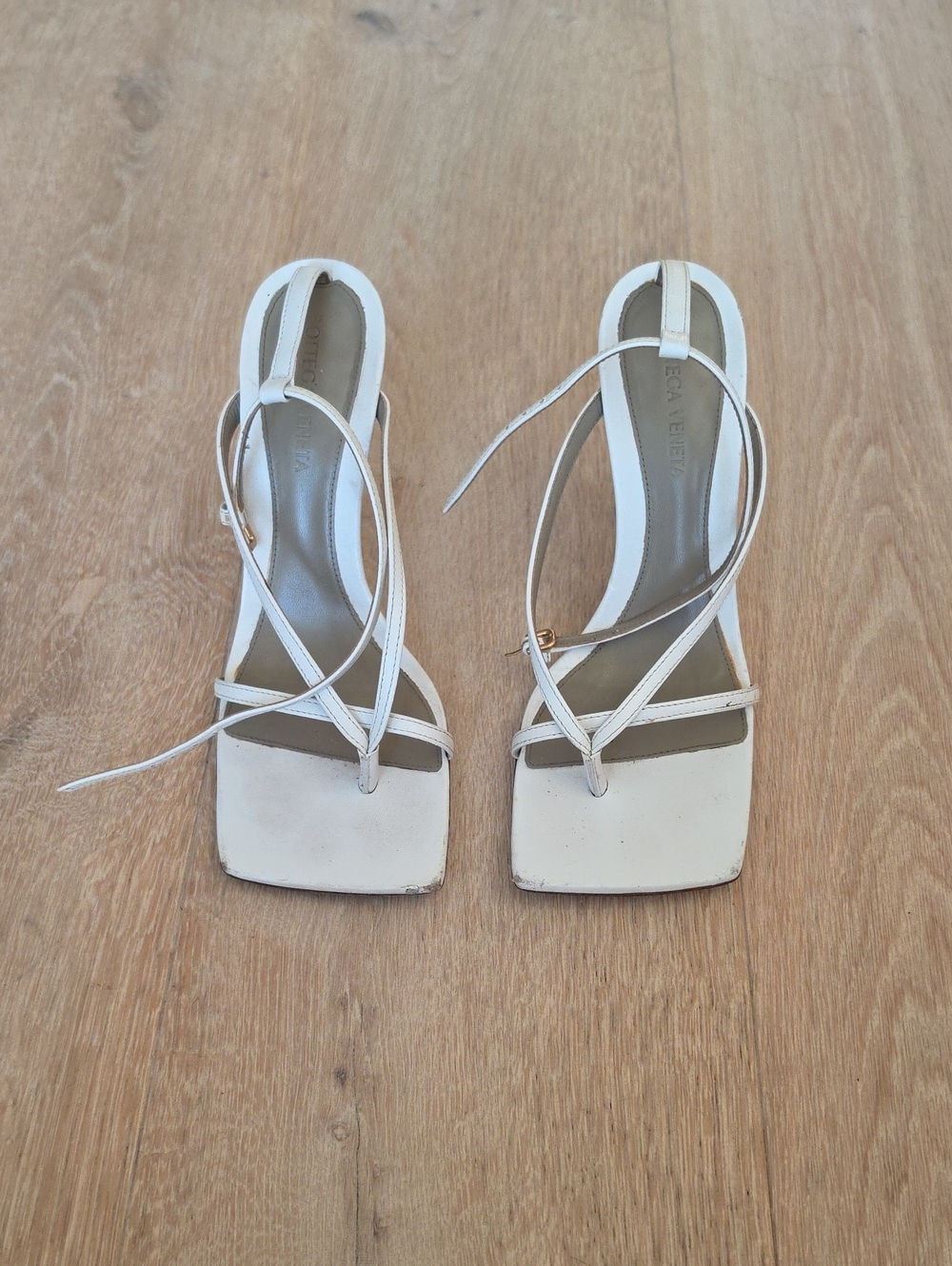 Bottega Veneta White Strappy Square-Toe Heeled Sandals